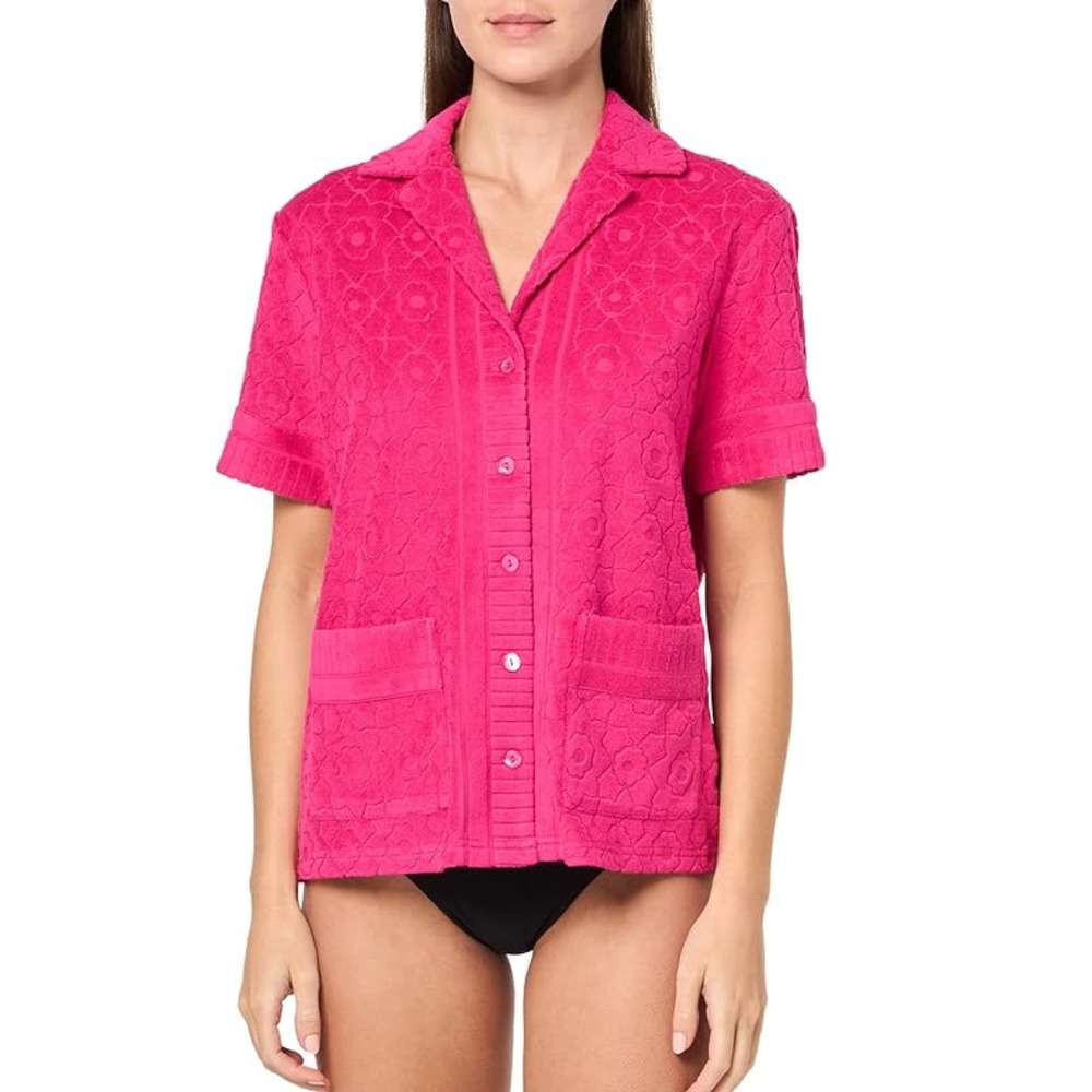 Trina Turk Out of Office Pink Floral Terry Cloth Button Up Shirt 2207118TC4 M